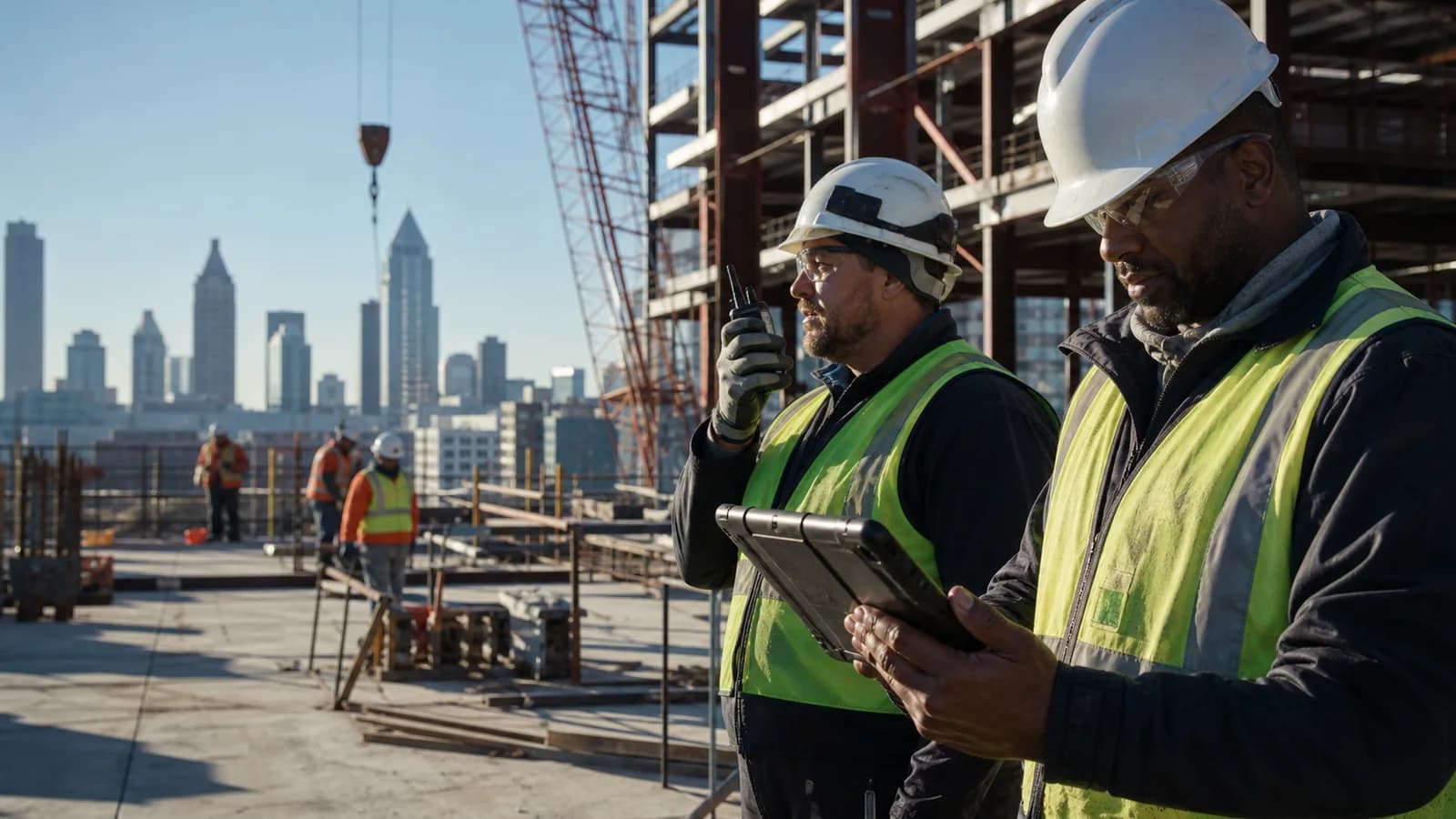 A connected construction crew using rugged devices on an Atlanta jobsite