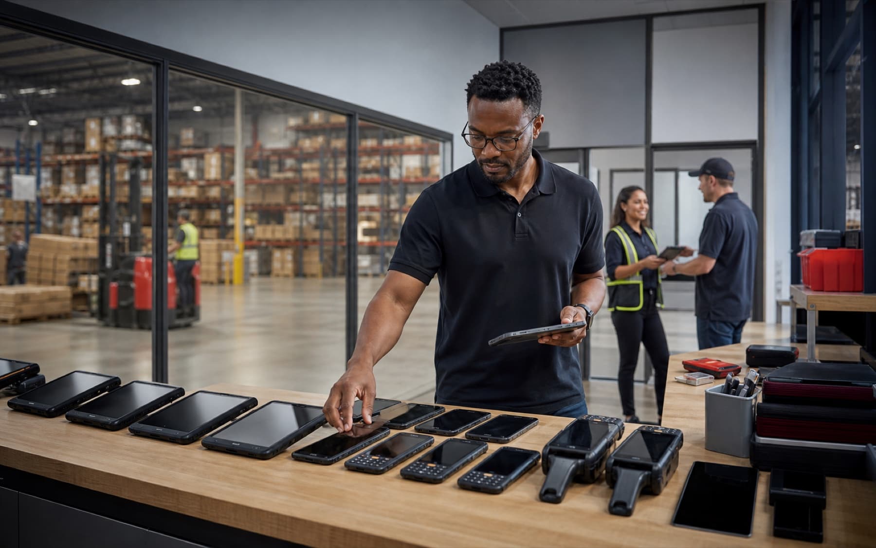 An Atlanta distribution IT team preparing managed tablets, phones and rugged devices