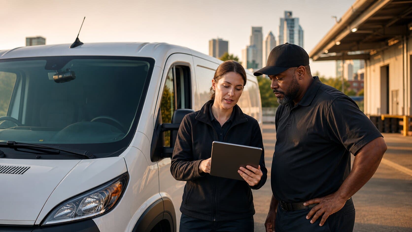 An Atlanta fleet safety manager and driver reviewing a road event after a route