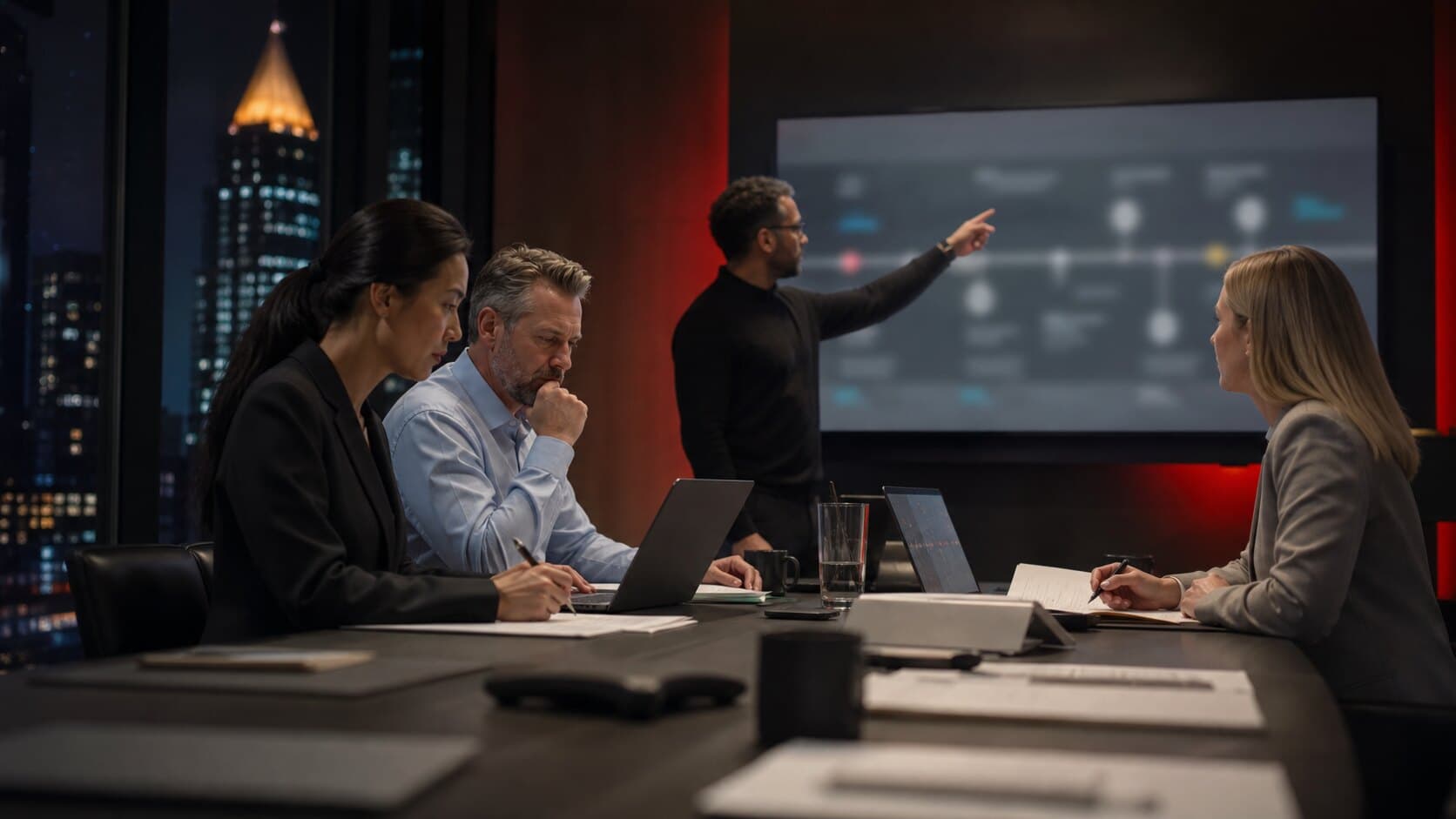 An Atlanta executive, IT, legal and security team working through an incident response plan