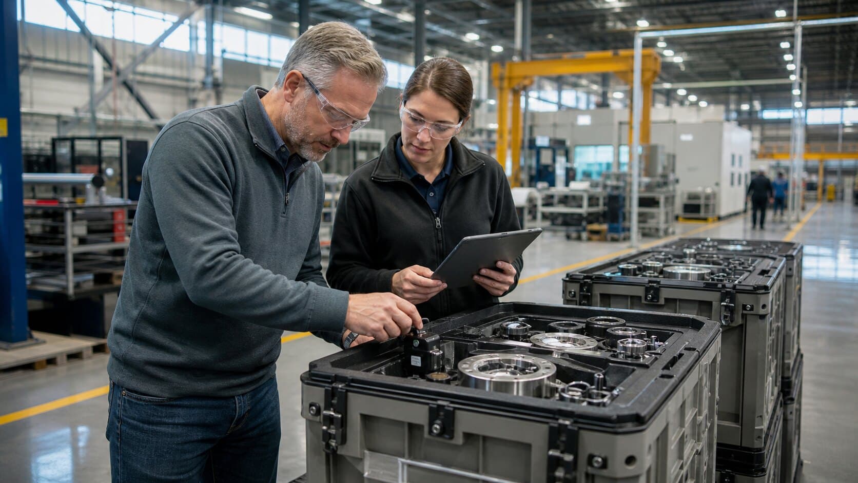 A Columbus manufacturing team checking a condition sensor on protected precision parts