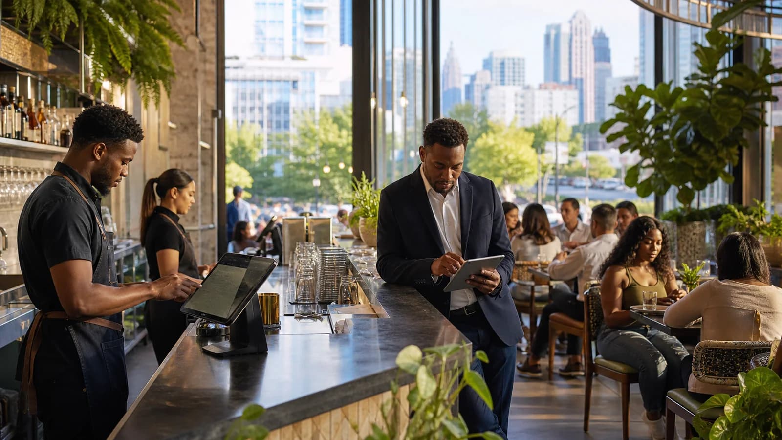 A Midtown Atlanta hospitality team using connected technology during service