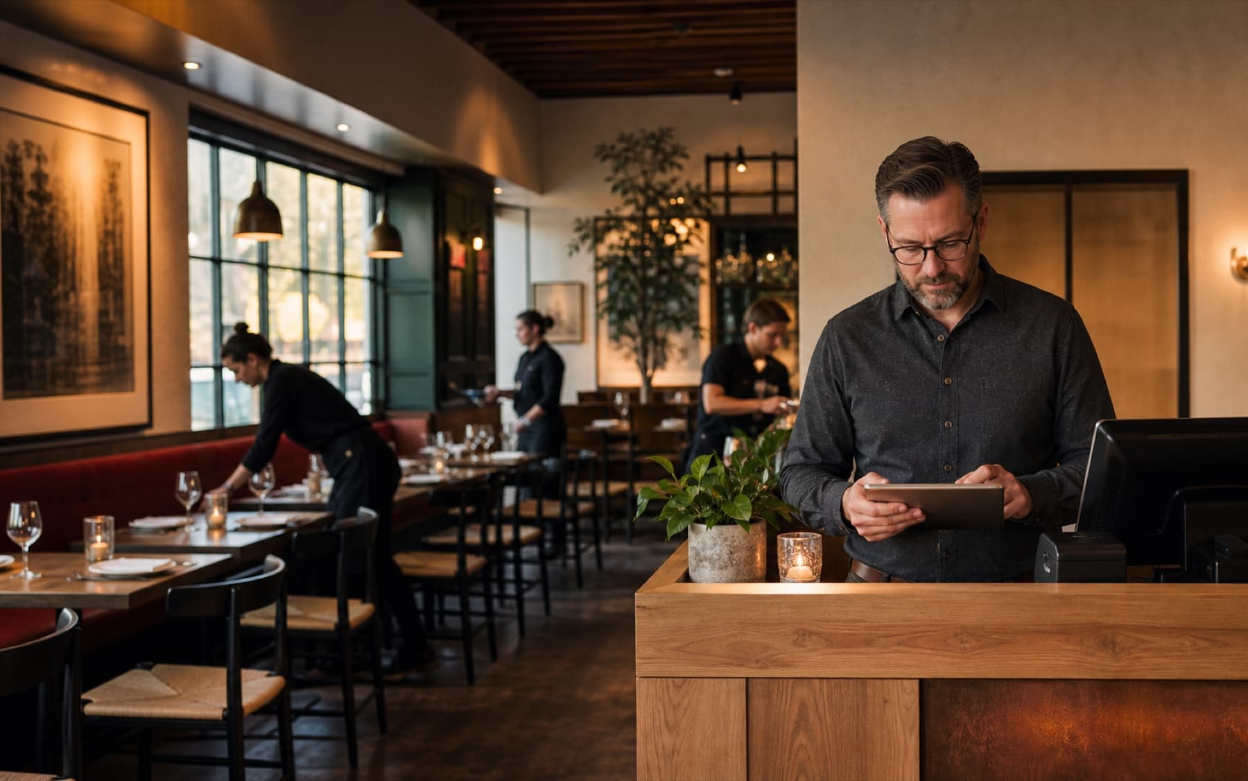 A Roswell restaurant manager preparing reservations and point-of-sale operations