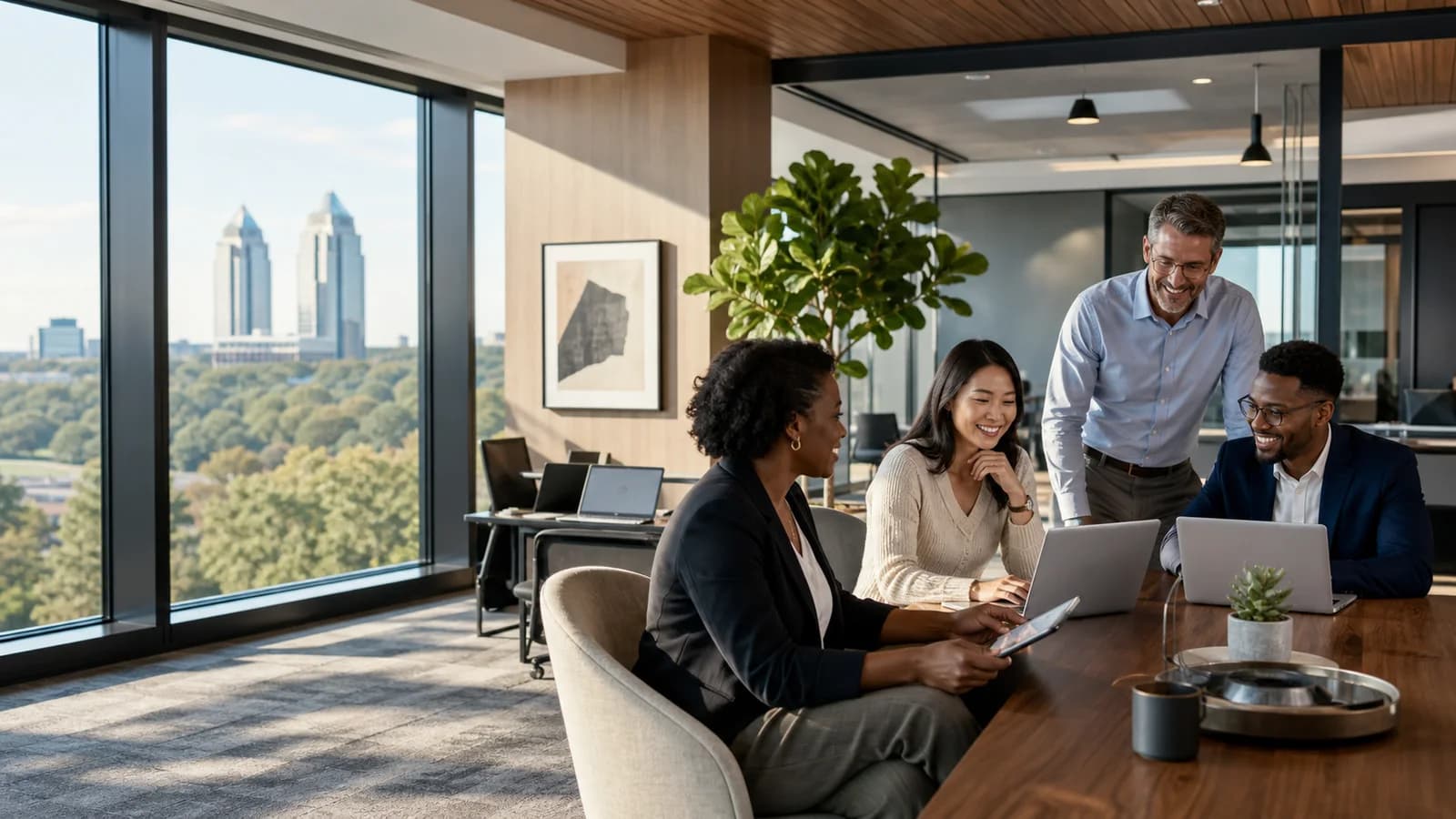 A Sandy Springs business team working in a connected professional office