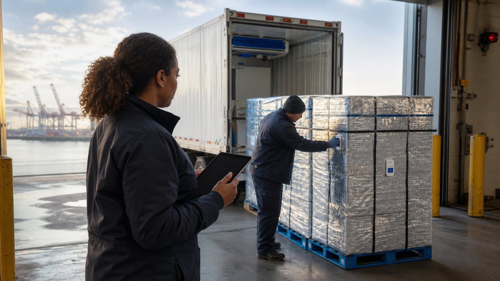 A Savannah cold-chain team checking a temperature-sensitive shipment and its sensor