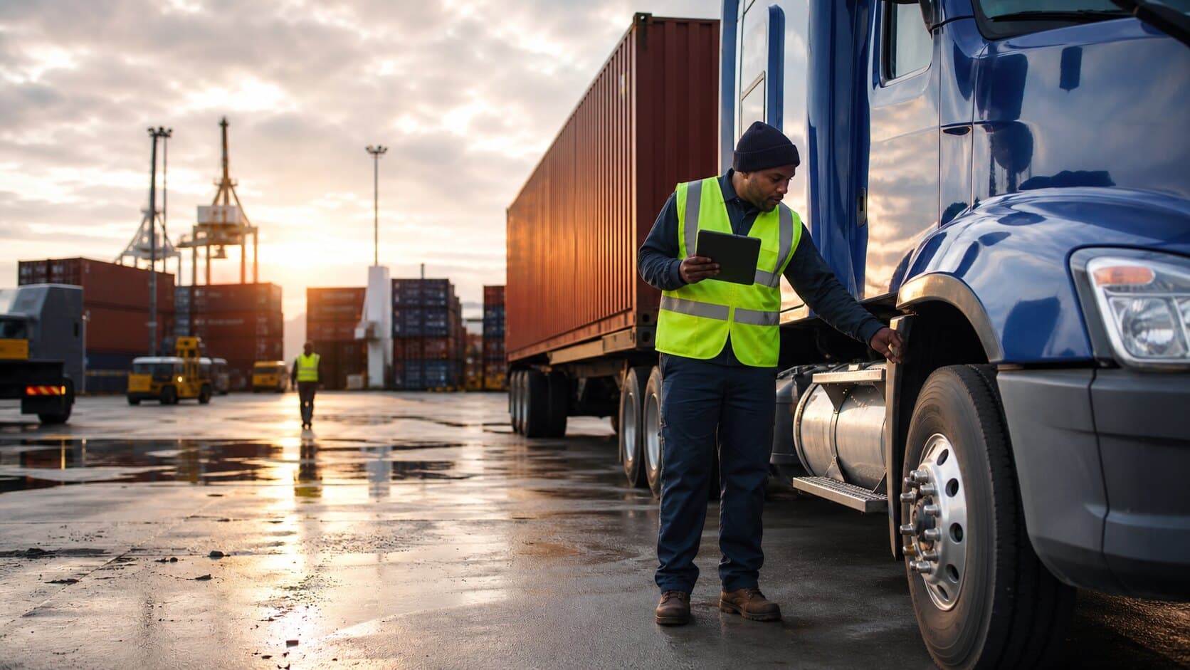 A Savannah drayage driver completing a pre-trip inspection before dispatch