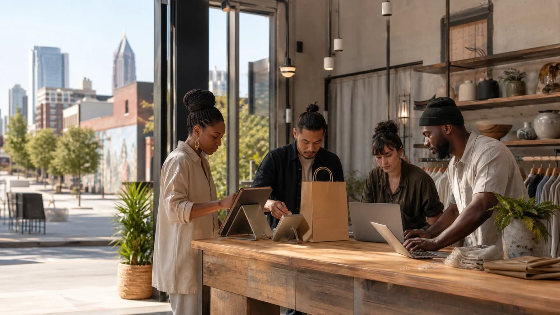 An Atlanta retail team preparing point-of-sale, online-order and staff systems on a fixed-wireless business connection
