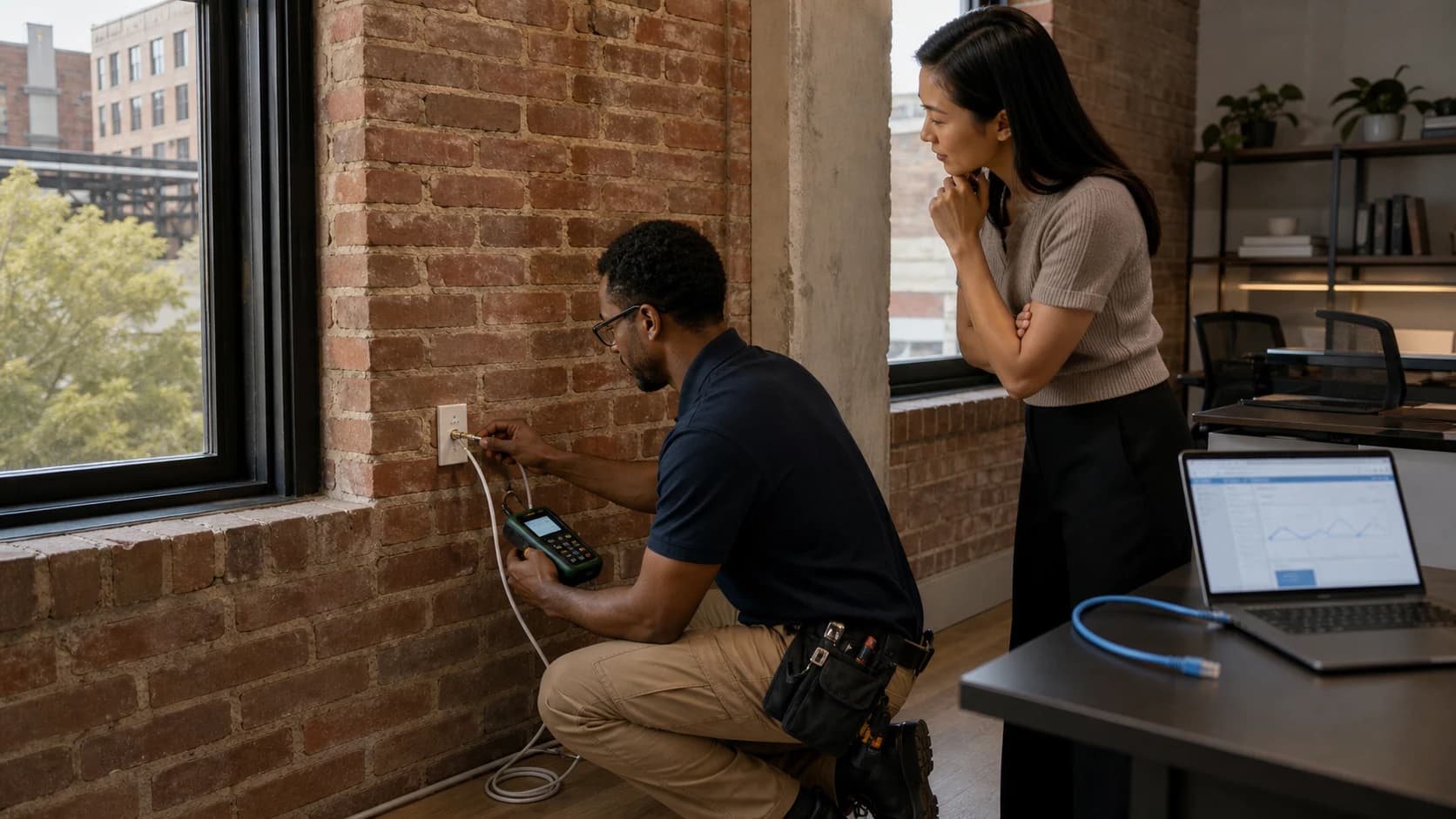 An IT technician testing existing coax in a renovated Midtown Atlanta office