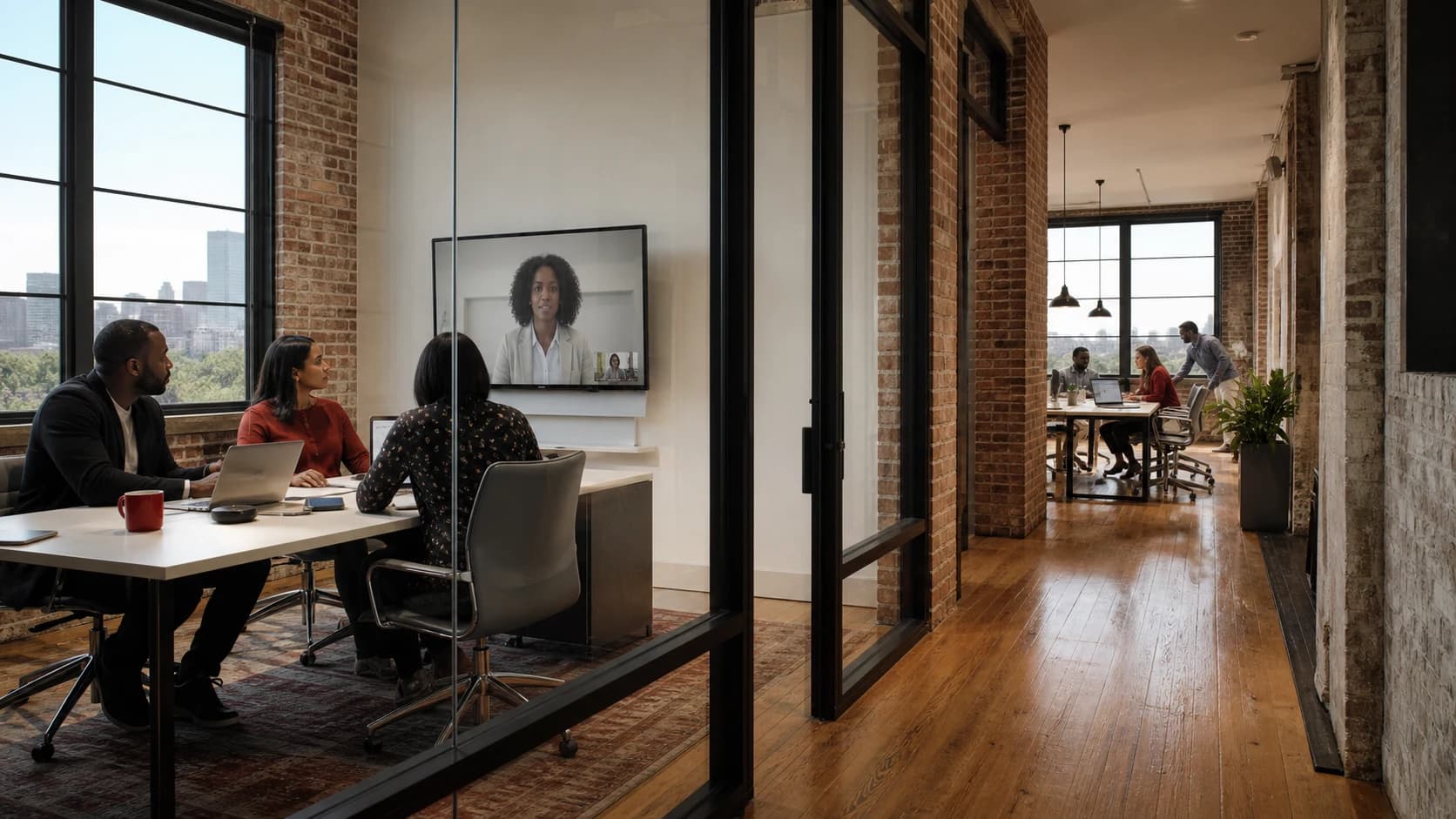 An Atlanta professional office using video collaboration across separated work areas