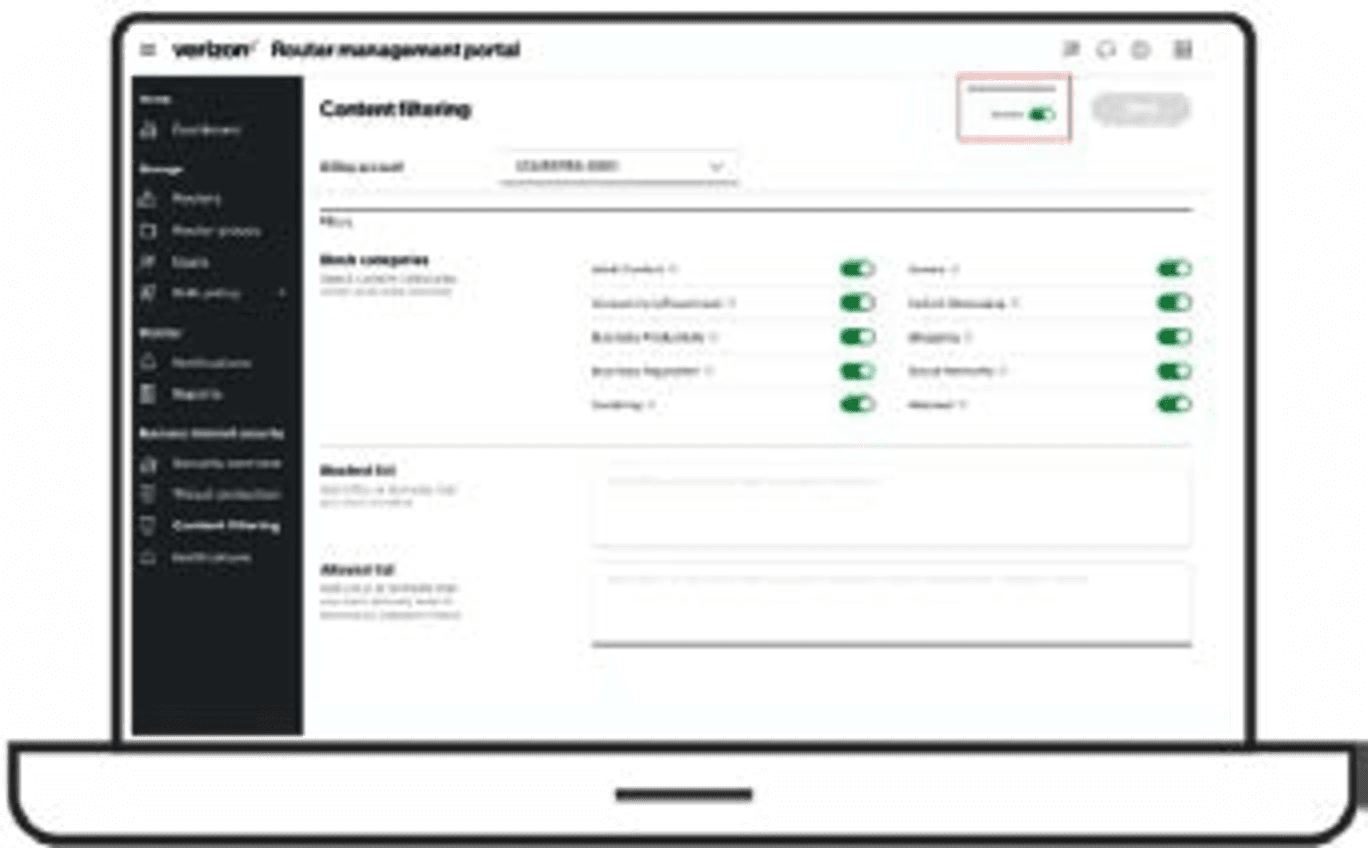 Official Verizon Business Internet Portal content-filtering configuration screen