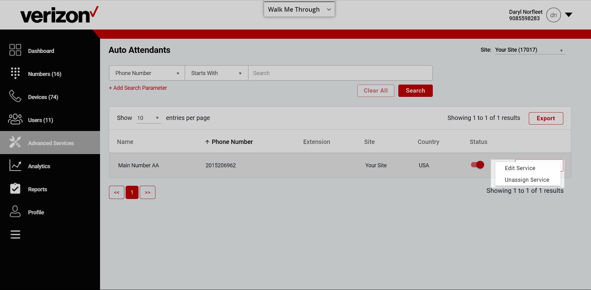 Verizon Business Digital Voice auto-attendant admin interface